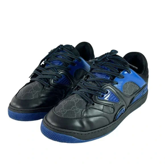 GUCCI Black & Blue Leather/Canvas GG Basket Low Top Men's Sneakers Italy 6.5-7US